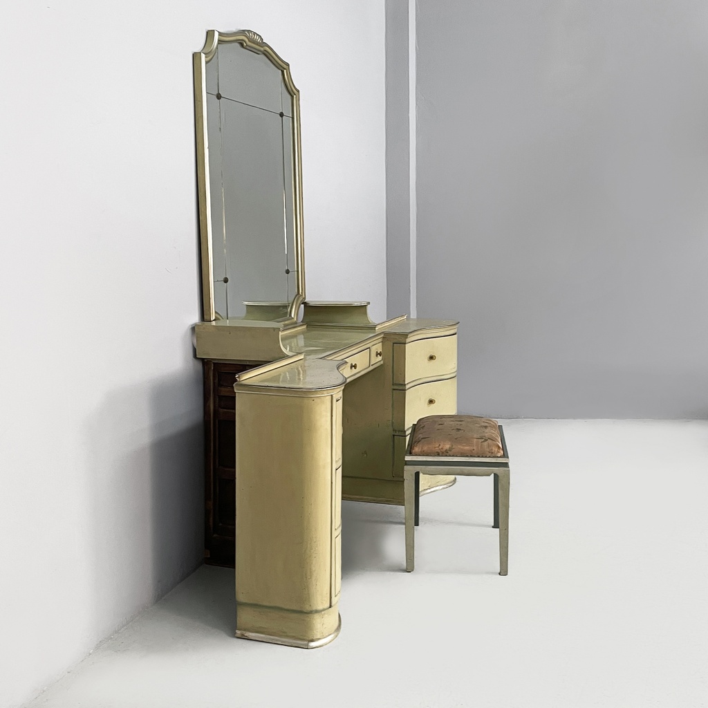 Consolle da trucco con specchio e sgabello in legno, 1930 ca.