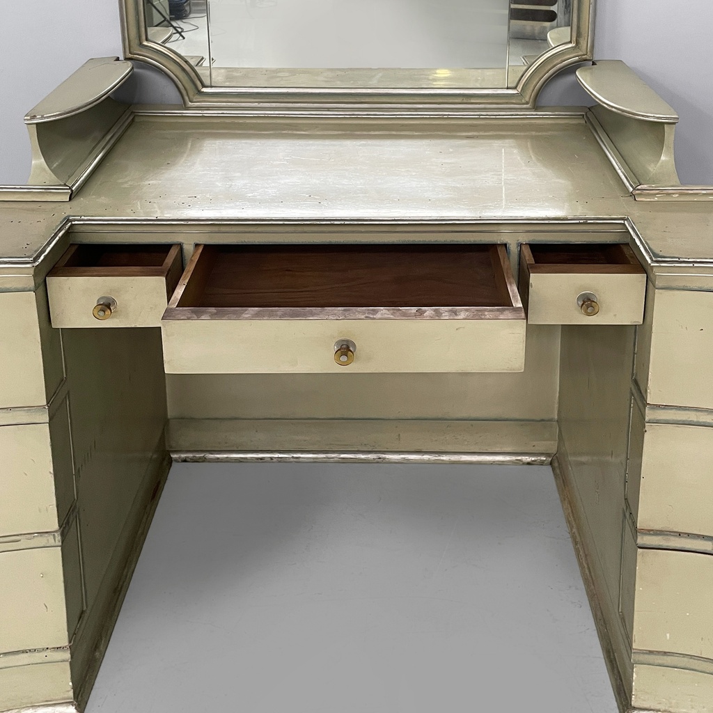 Consolle da trucco con specchio e sgabello in legno, 1930 ca.
