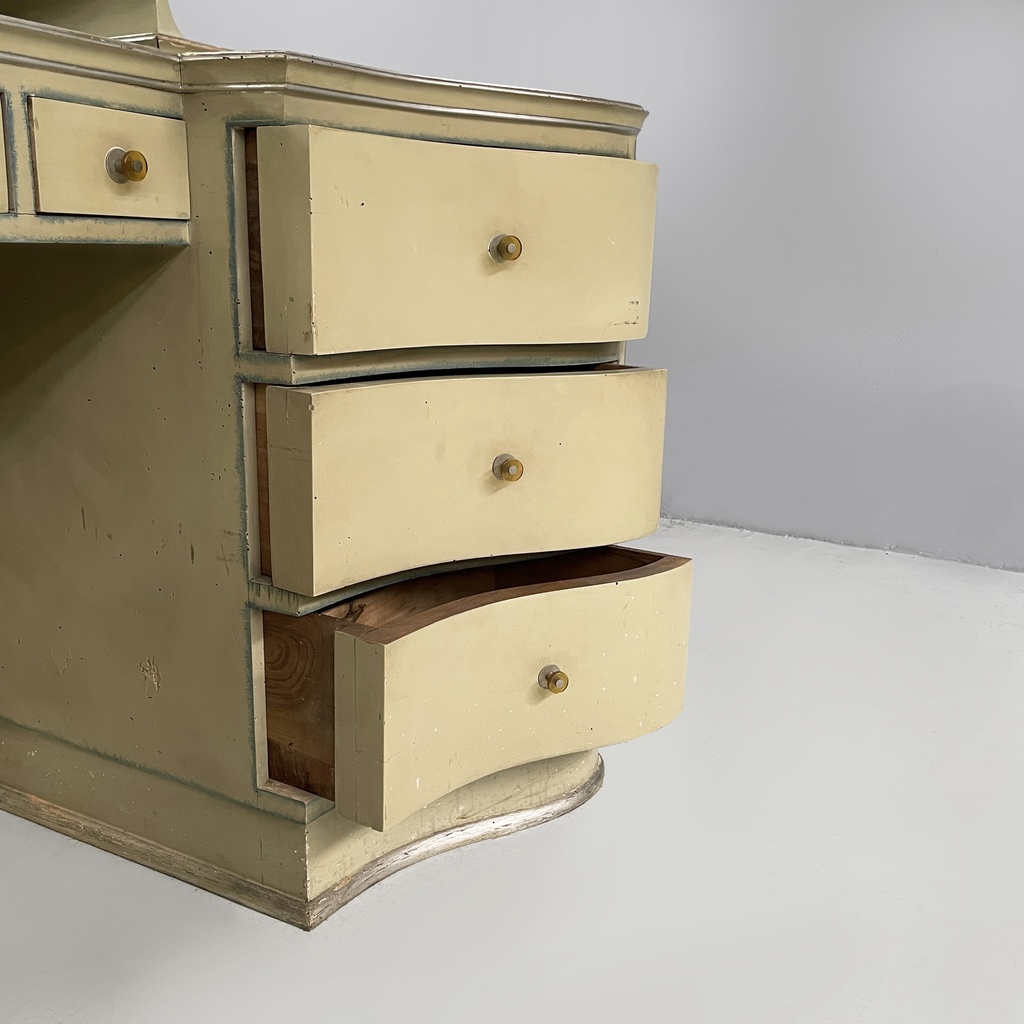 Consolle da trucco con specchio e sgabello in legno, 1930 ca.