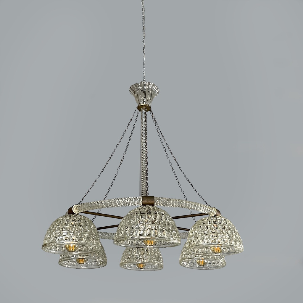 Lampadario in vetro e ottone, 1930 ca.