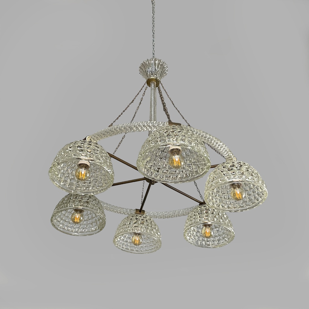 Lampadario in vetro e ottone, 1930 ca.