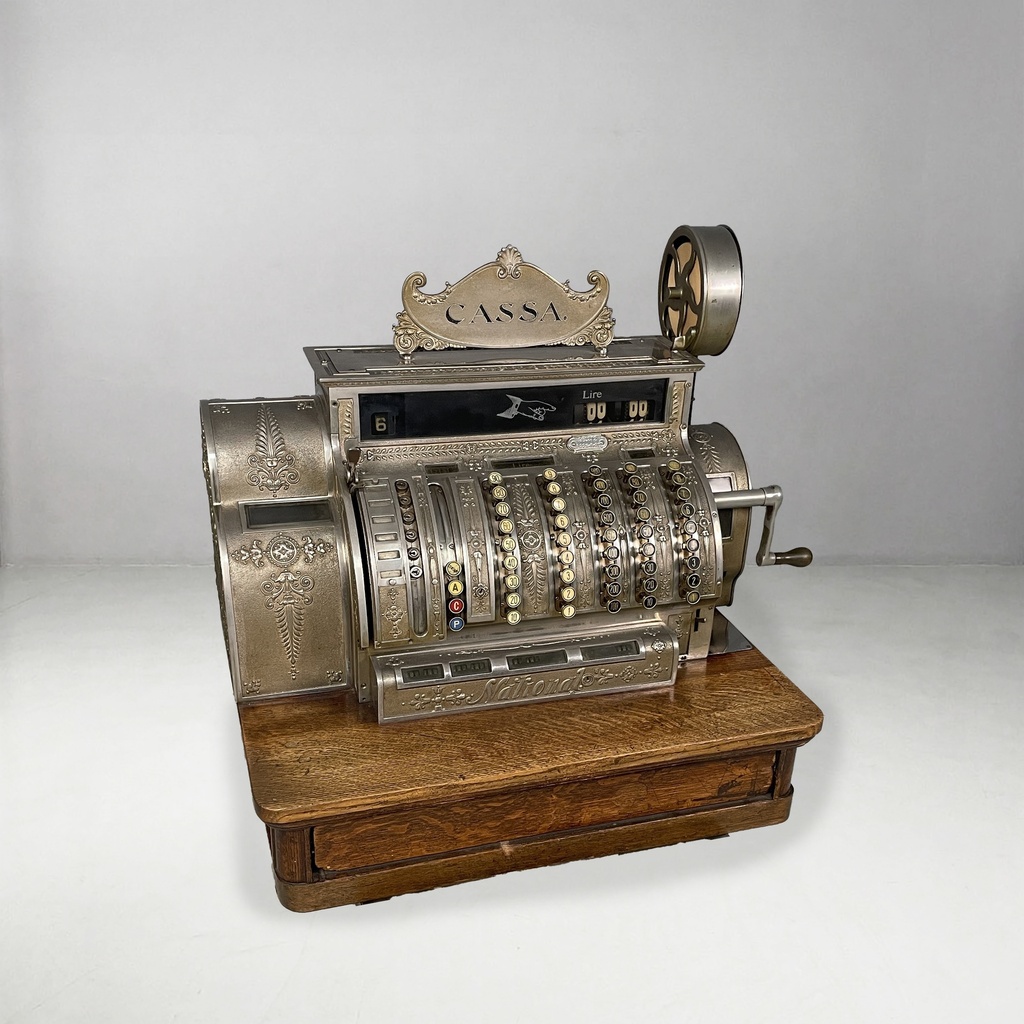 Registratore di cassa in metallo e legno, 19