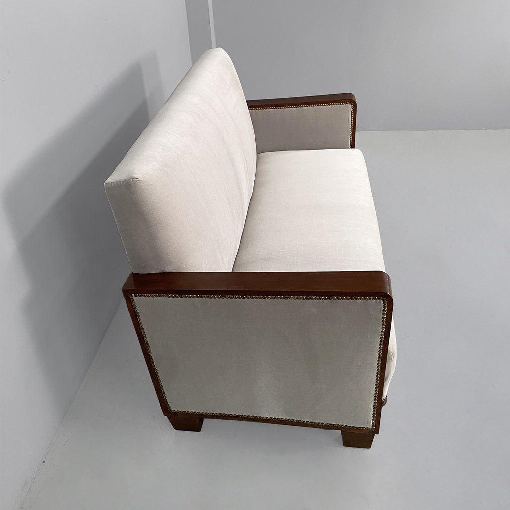 Divano in legno e velluto grigio, 1930 ca. 