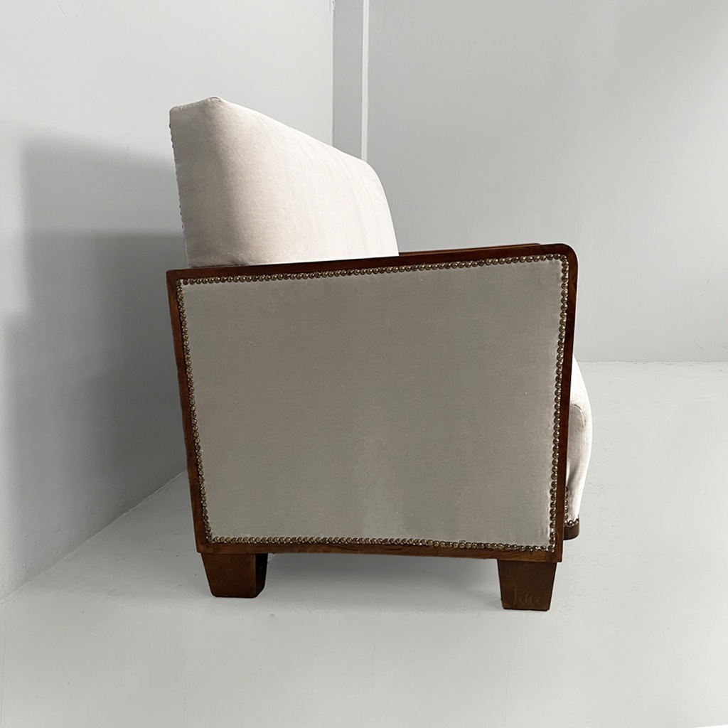 Divano in legno e velluto grigio, 1930 ca. 
