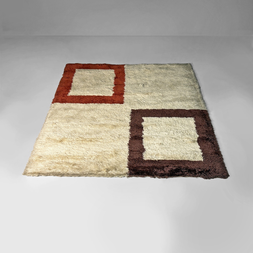 Tappeto a pelo medio in beige, rosso e marrone, 1970 ca.