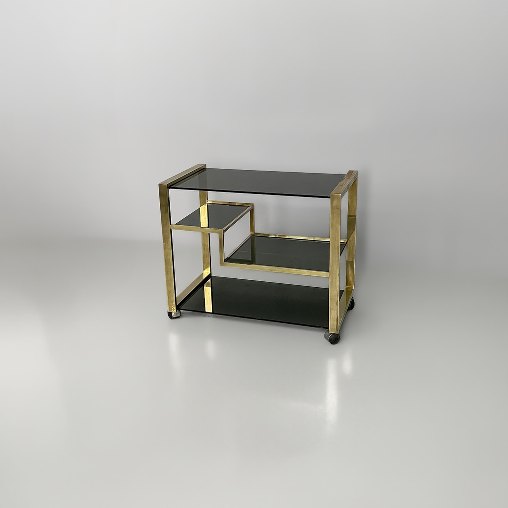 Carrello bar in ottone e vetro fumè, 1970 ca.