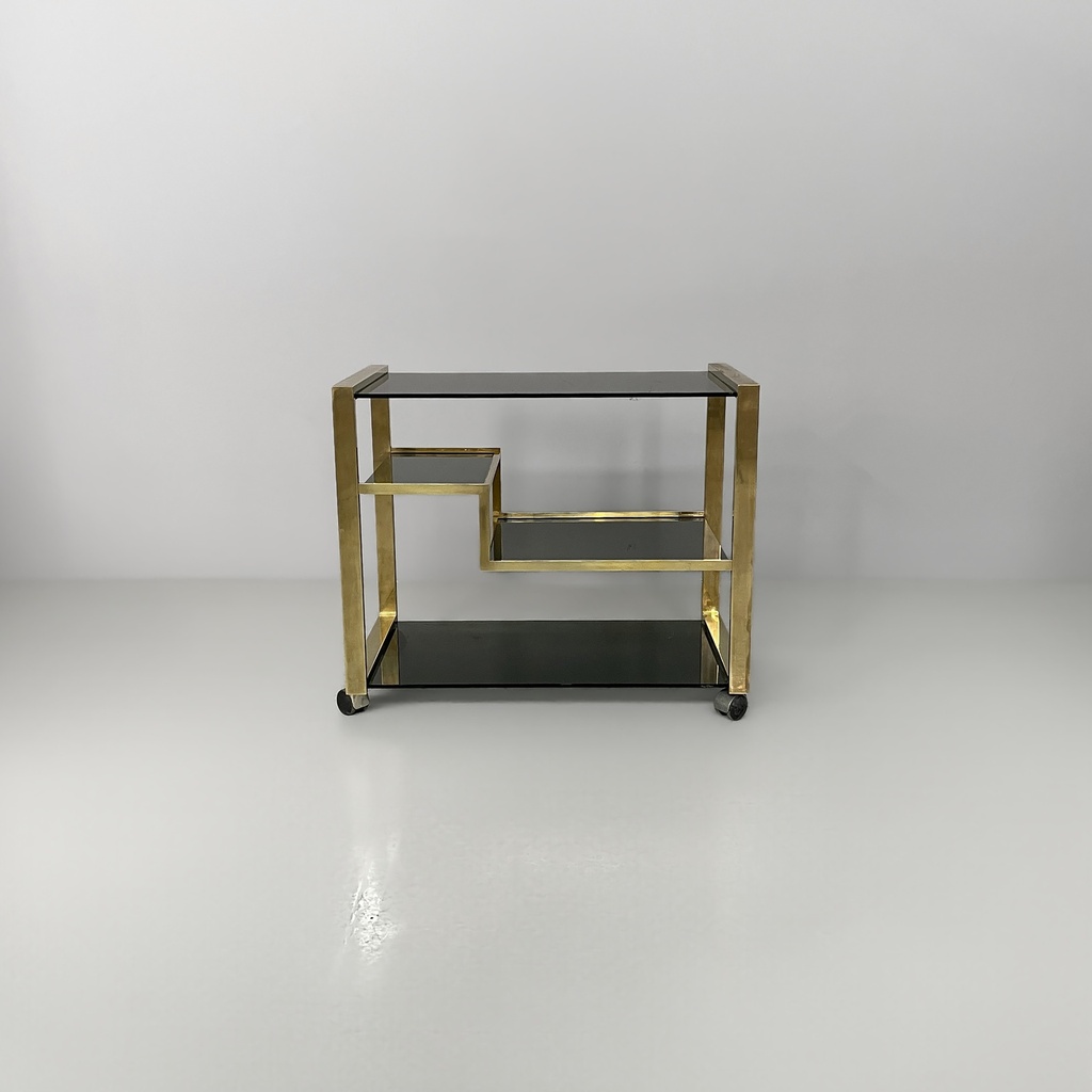Carrello bar in ottone e vetro fumè, 1970 ca.
