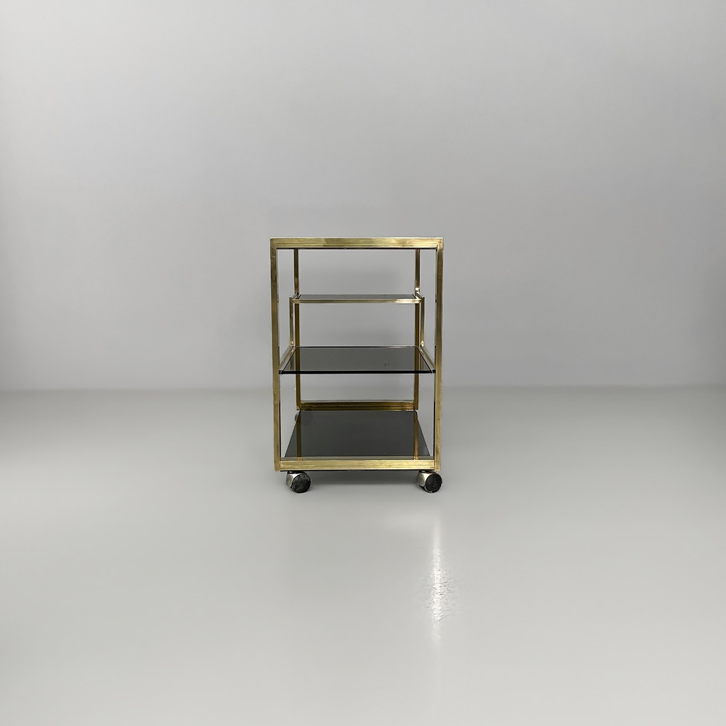 Carrello bar in ottone e vetro fumè, 1970 ca.