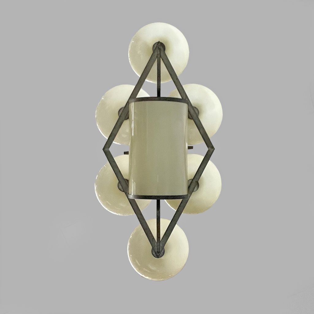 Lampadario in ottone e vetro, 1930 ca. 