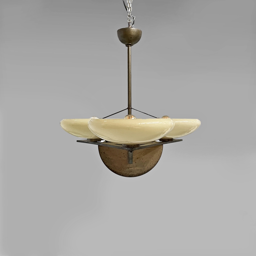 Lampadario in ottone e vetro, 1930 ca. 