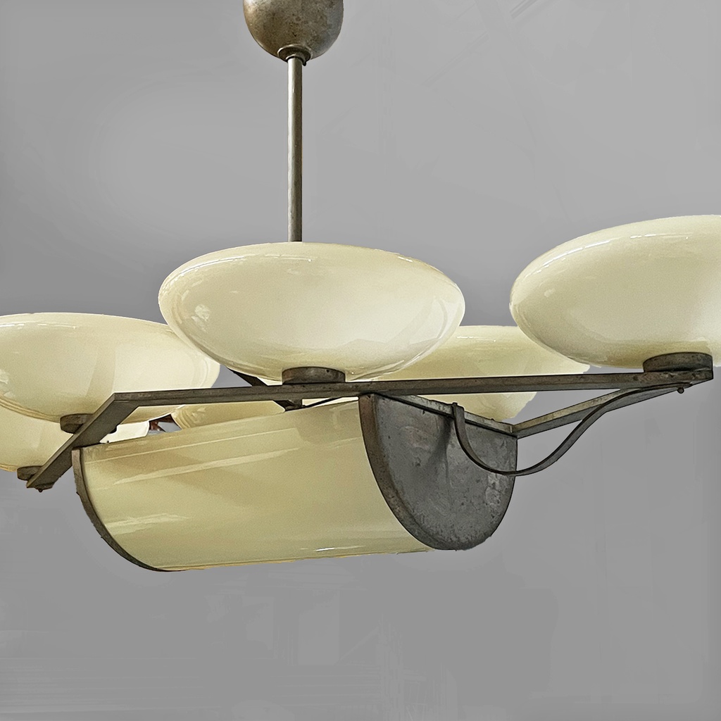 Lampadario in ottone e vetro, 1930 ca. 