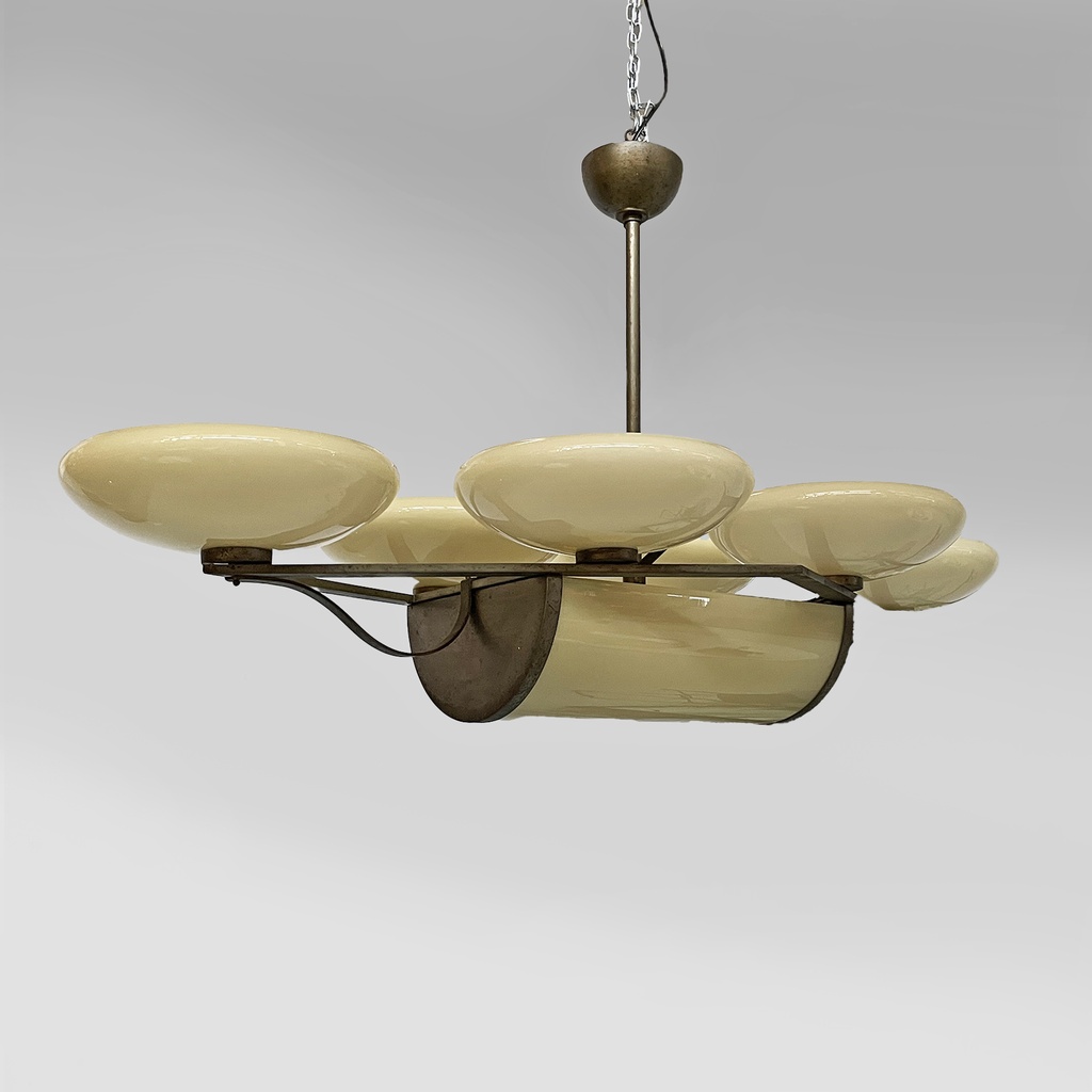 Lampadario in ottone e vetro, 1930 ca. 