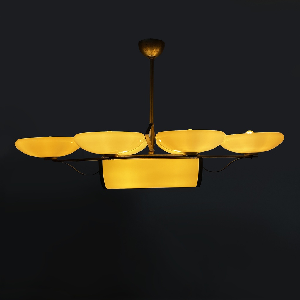 Lampadario in ottone e vetro, 1930 ca. 