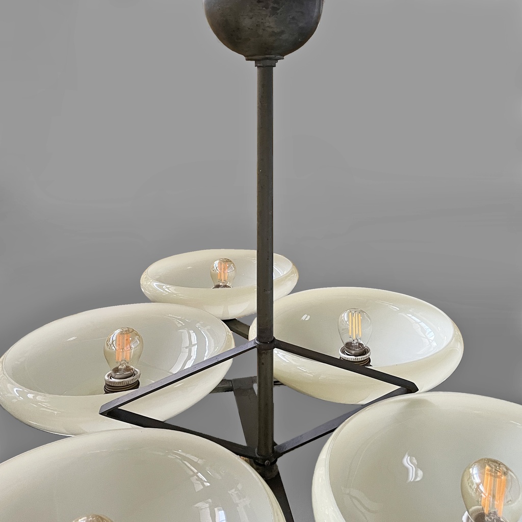 Lampadario in ottone e vetro, 1930 ca. 