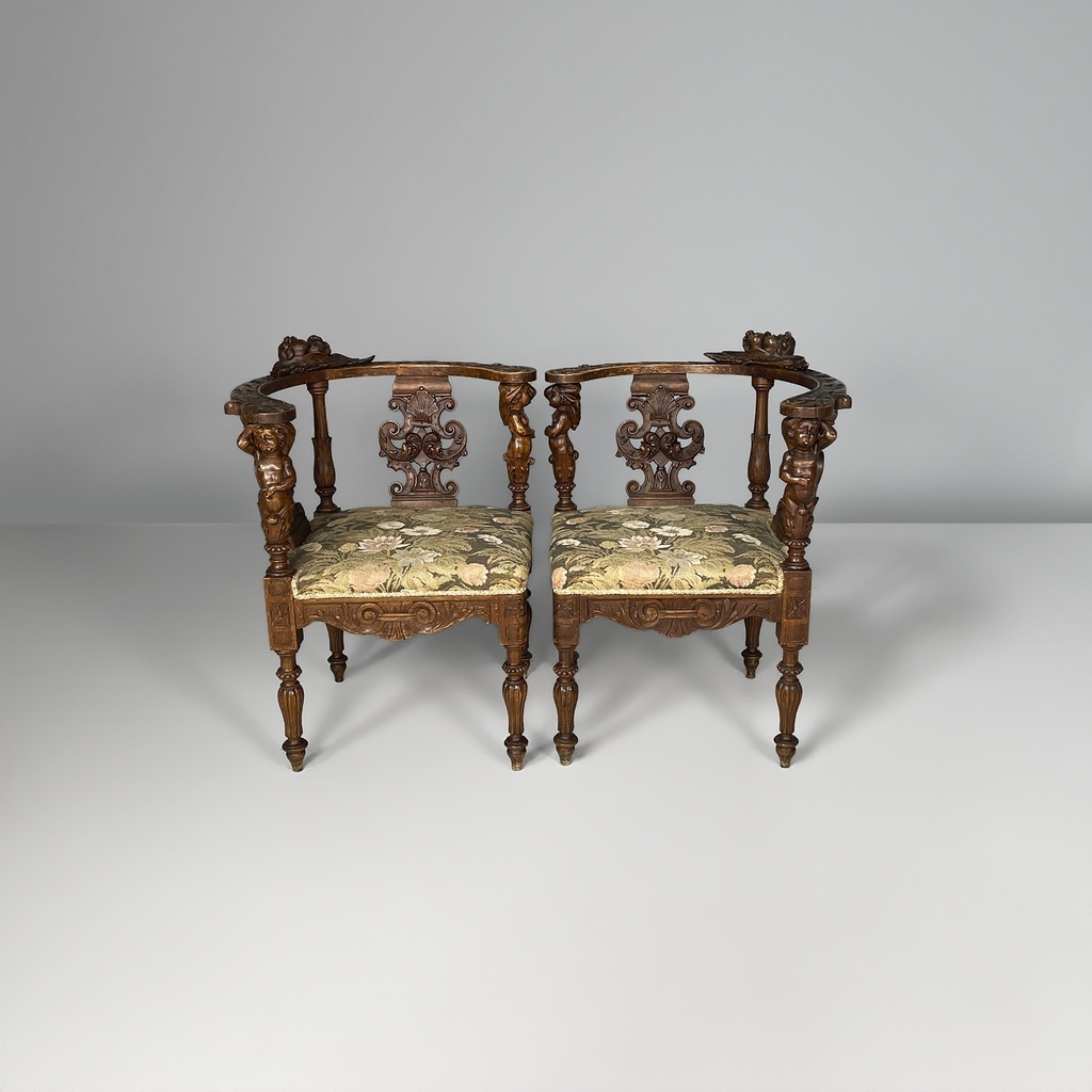 Poltrone in legno e tessuto floreale, fine 1800 ca.
