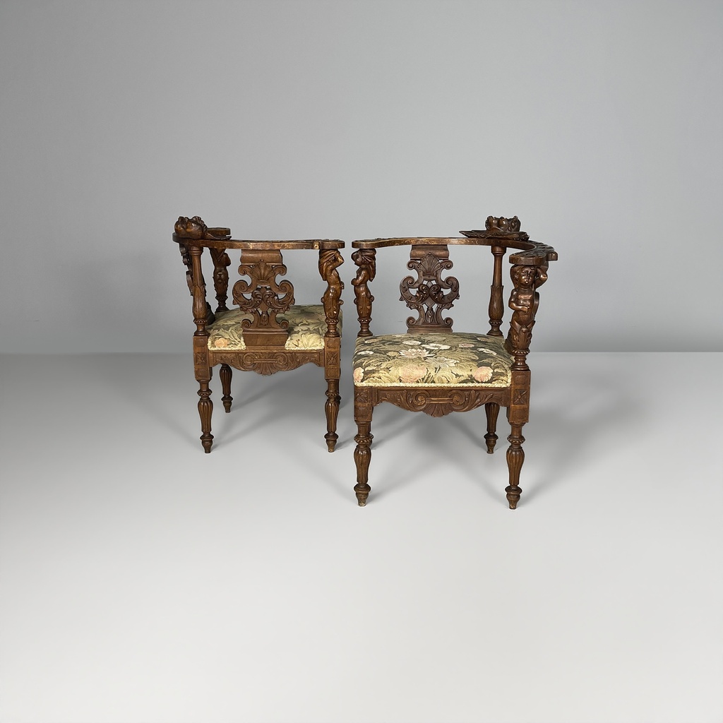 Poltrone in legno e tessuto floreale, fine 1800 ca.