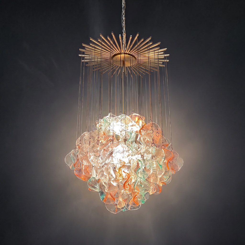 Lampadario in vetro di Murano e ottone, 1980 ca.