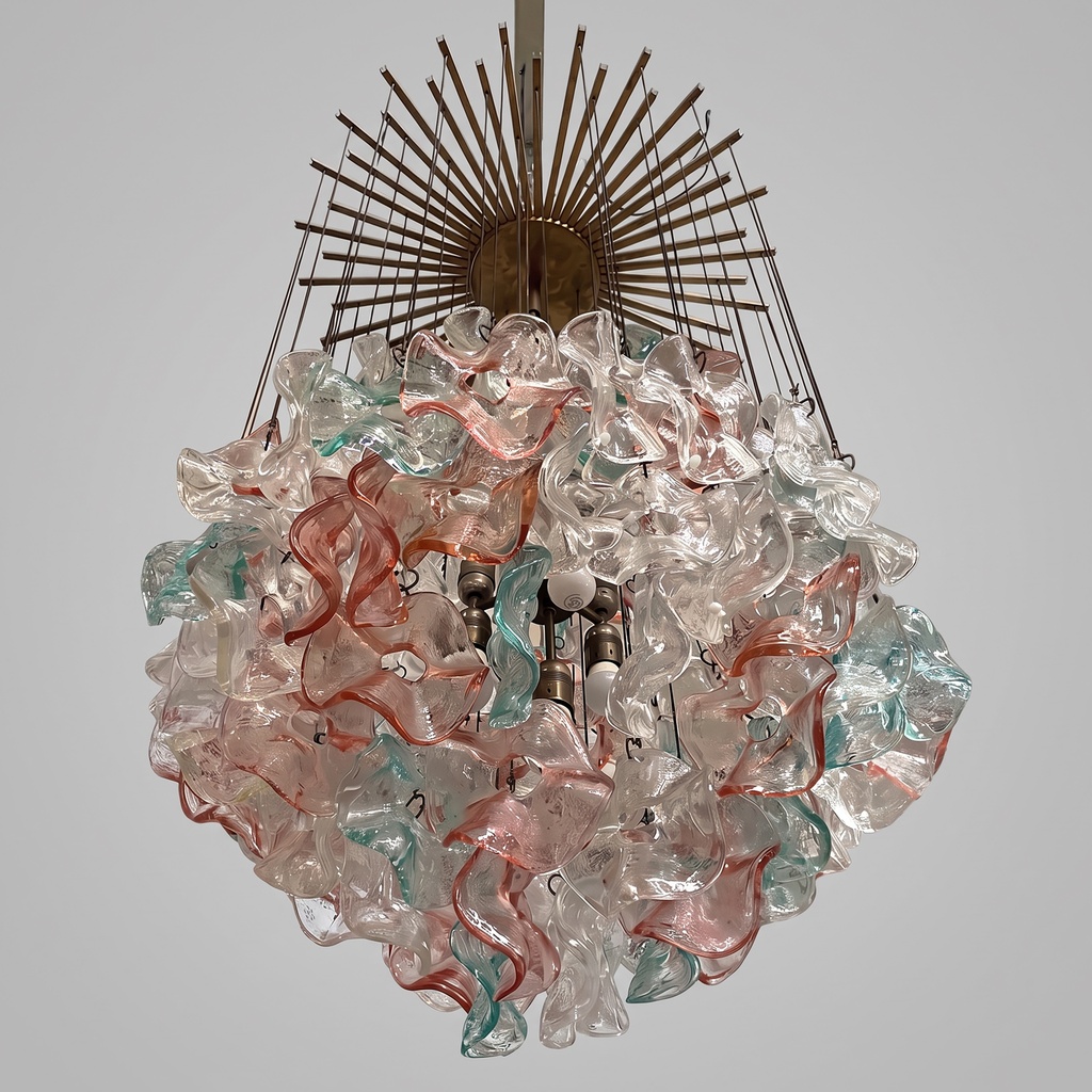 Lampadario in vetro di Murano e ottone, 1980 ca.