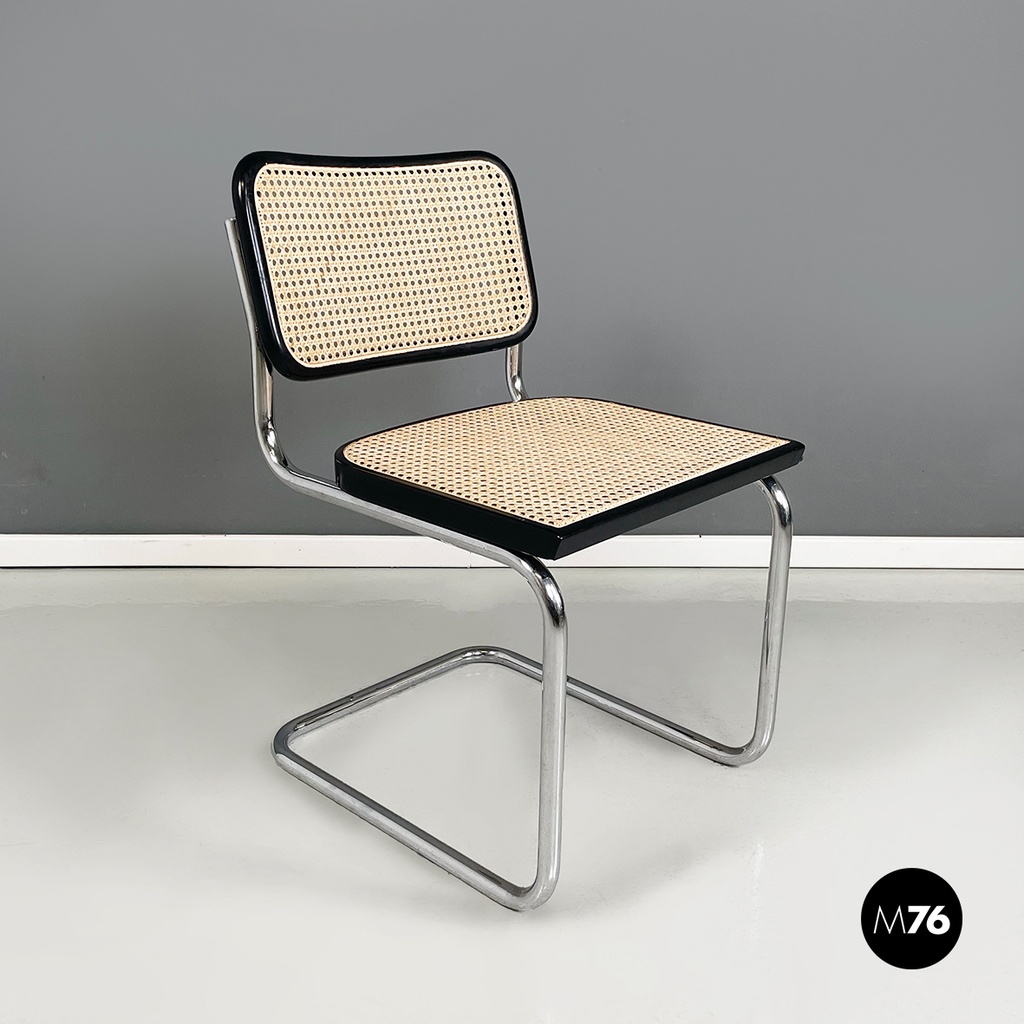 Sedia in paglia, legno nero e acciaio, 1960 ca. 