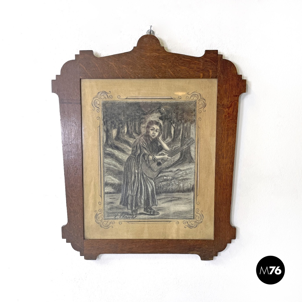 Quadro a carboncino con cornice in legno, 1930 ca.  