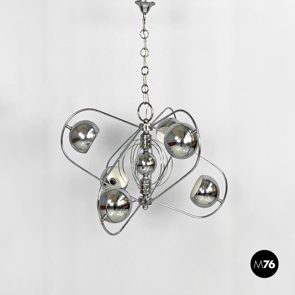 Lampadario a forma di atomo in acciaio cromato, 1970 ca. 