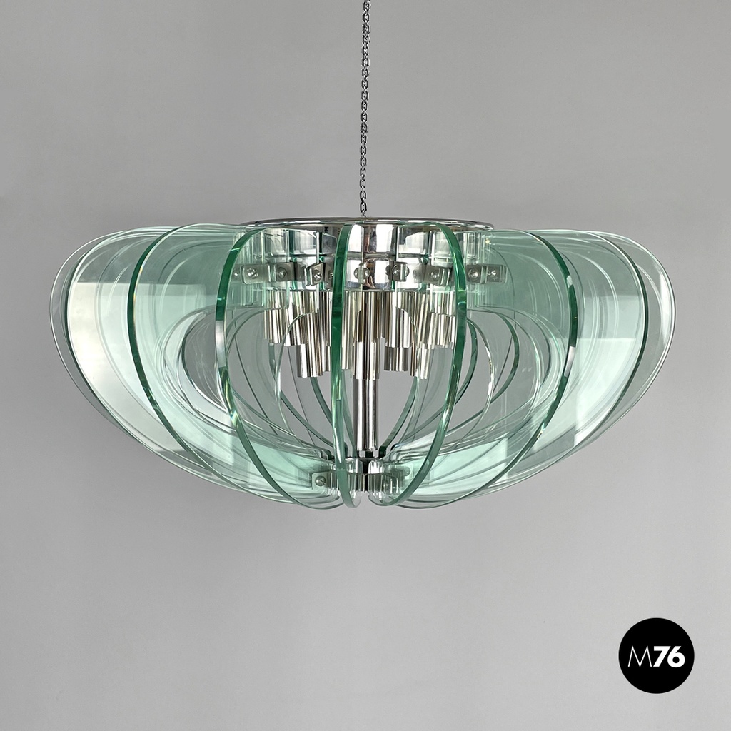 Lampadario in vetro e metallo cromato, 1970 ca.