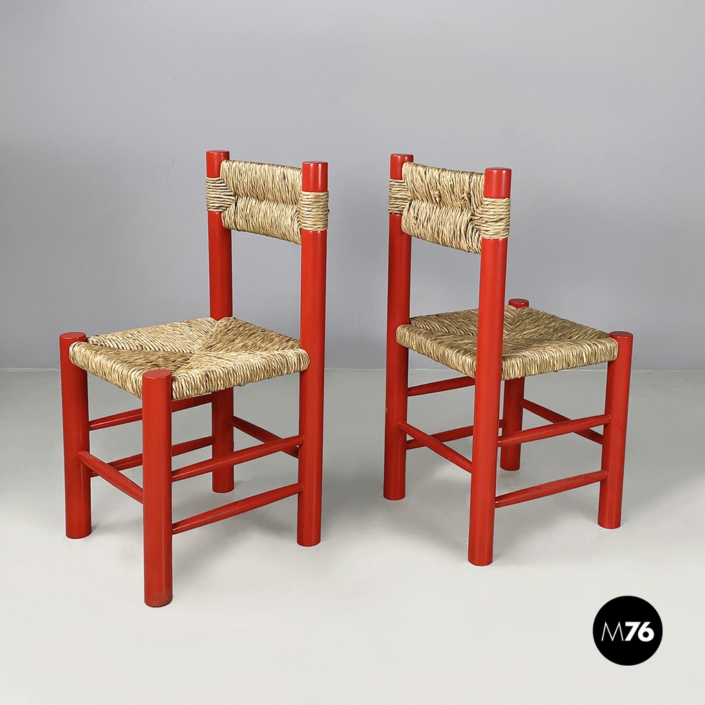 Sedie in legno rosso e paglia, 1970 ca.