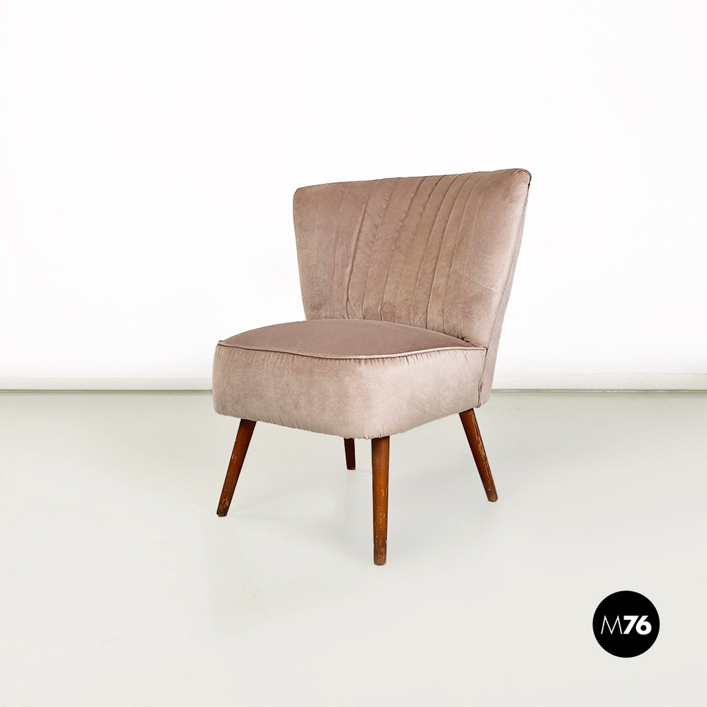 Poltrona in velluto rosa pastello e legno, 1960 ca.