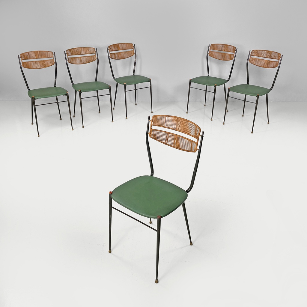 Sedie in metallo, rattan e finta pelle verde, 1960 ca. 