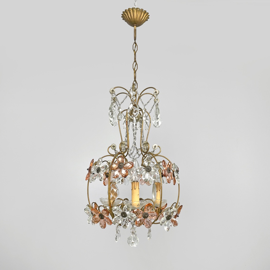 Lampadario in vetro rosa e trasparente, primi del 1900 ca.