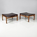 Pouf in pelle marrone e legno, 1960 ca.