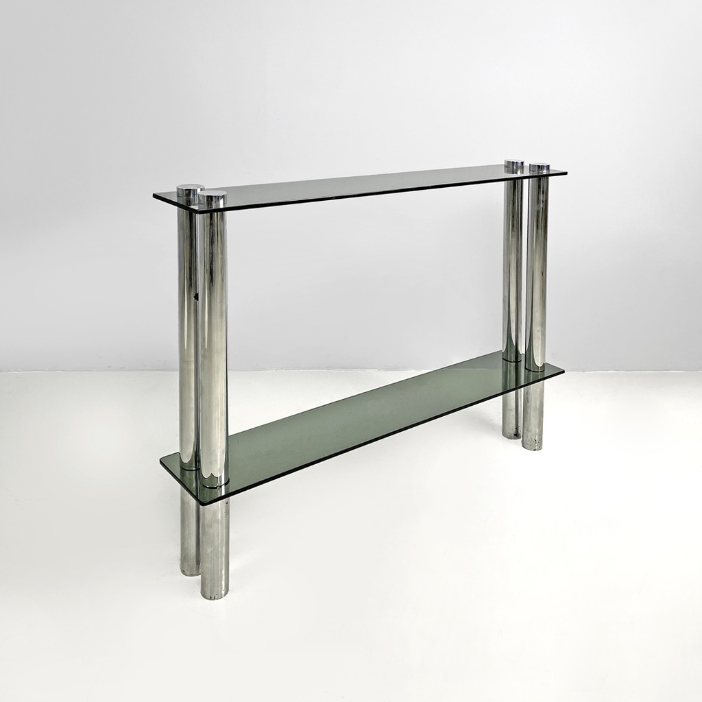 Consolle con due piano in vetro fumè, 1970 ca.