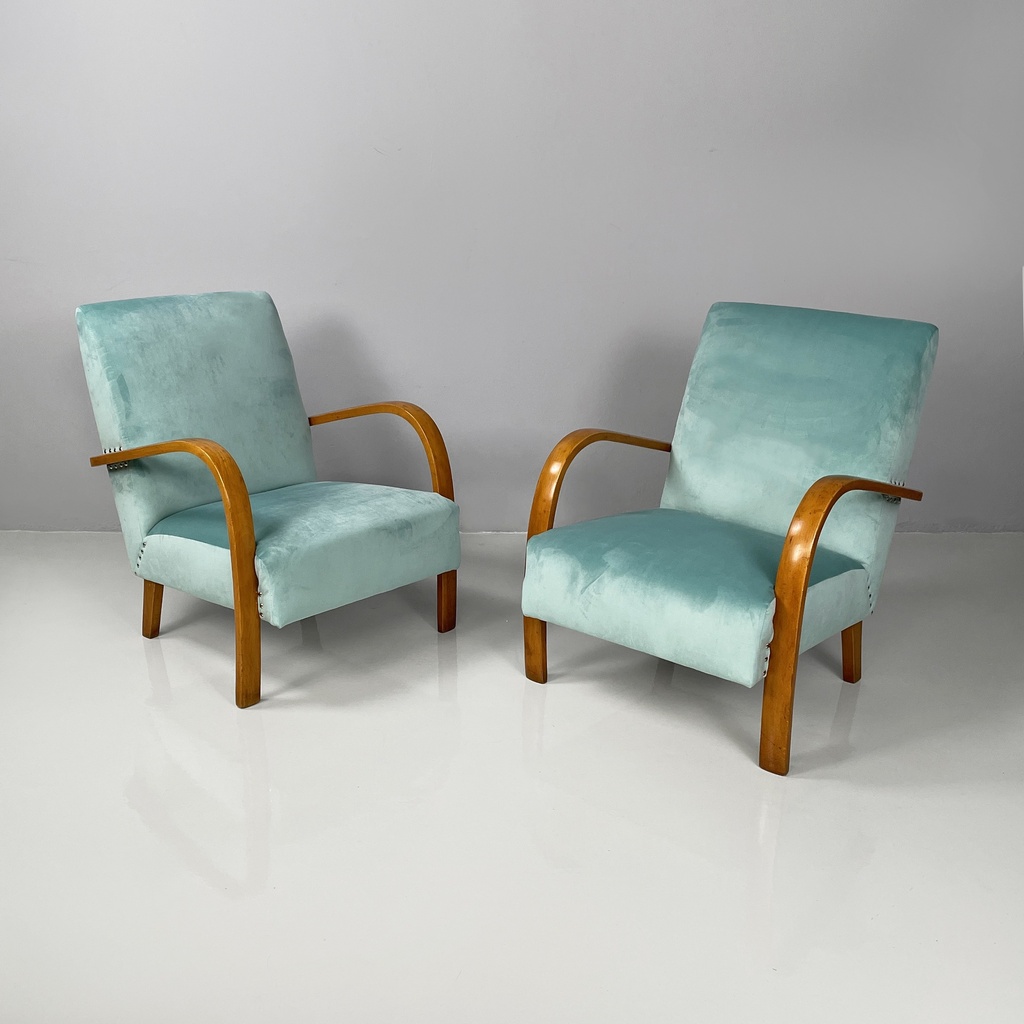 Poltrone in velluto azzurro e legno, 1950 ca.