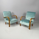 Poltrone in velluto azzurro e legno, 1950 ca.
