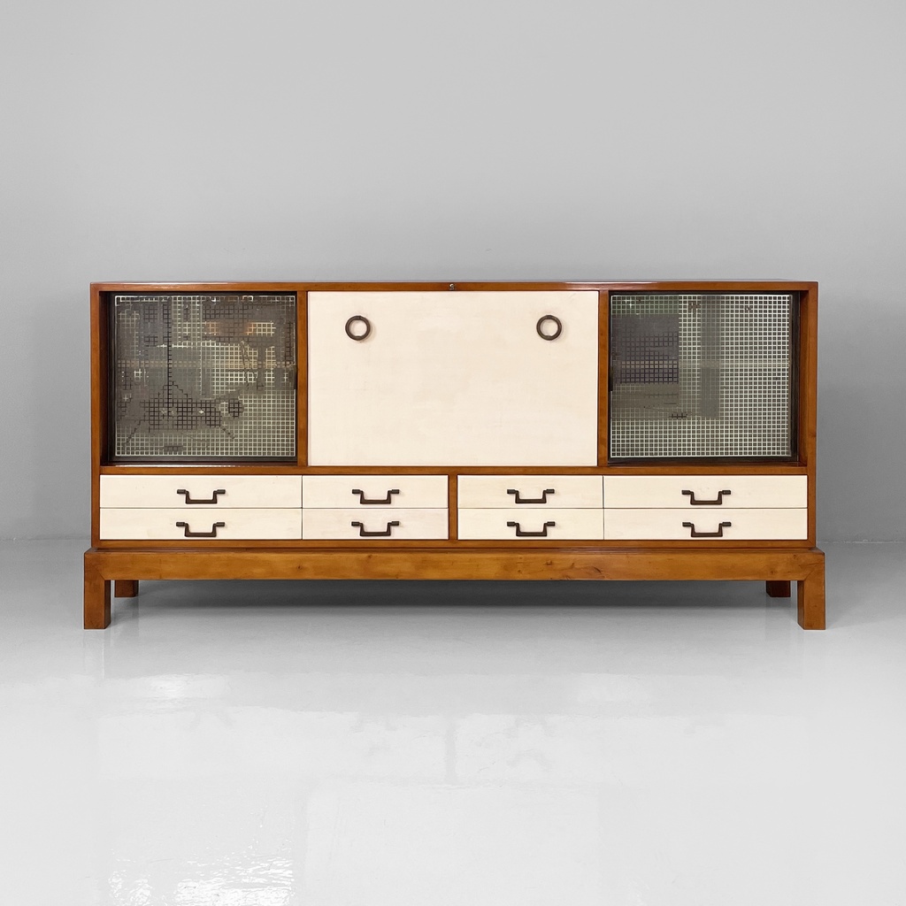 Sideboard in legno, ottone e vetro, 1940 ca.