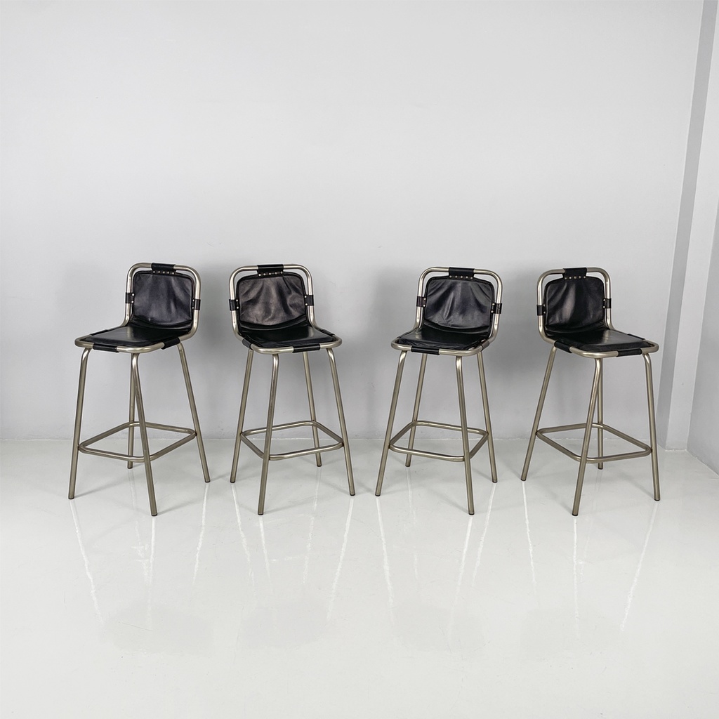 Sgabelli in metallo e pelle nera, 1970 ca.