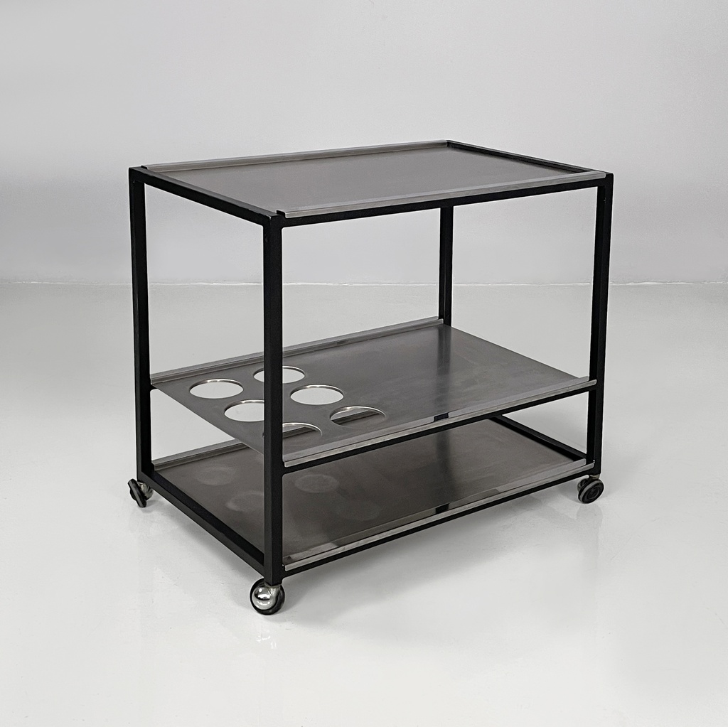 Carrello in acciaio e metallo nero, 1980 ca.