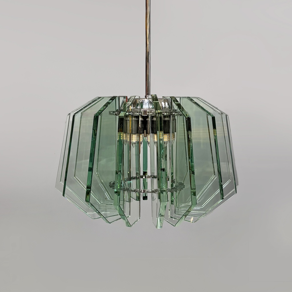 Lampadario in metallo e vetro di Max Ingrand per Fontana Arte, 1960 ca.