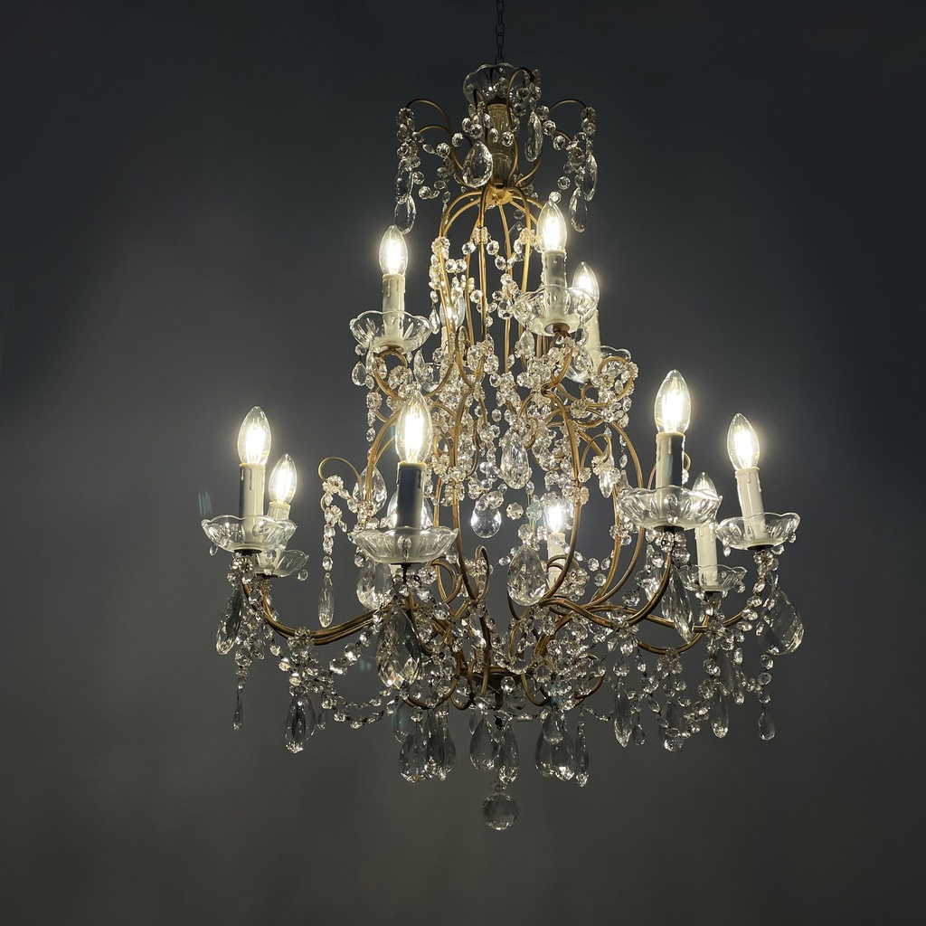 Lampadario a gocce in vetro e ottone, 1900-1950 ca.