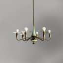 Lampadario in ottone, vetro e metallo verde, 1950 ca. 