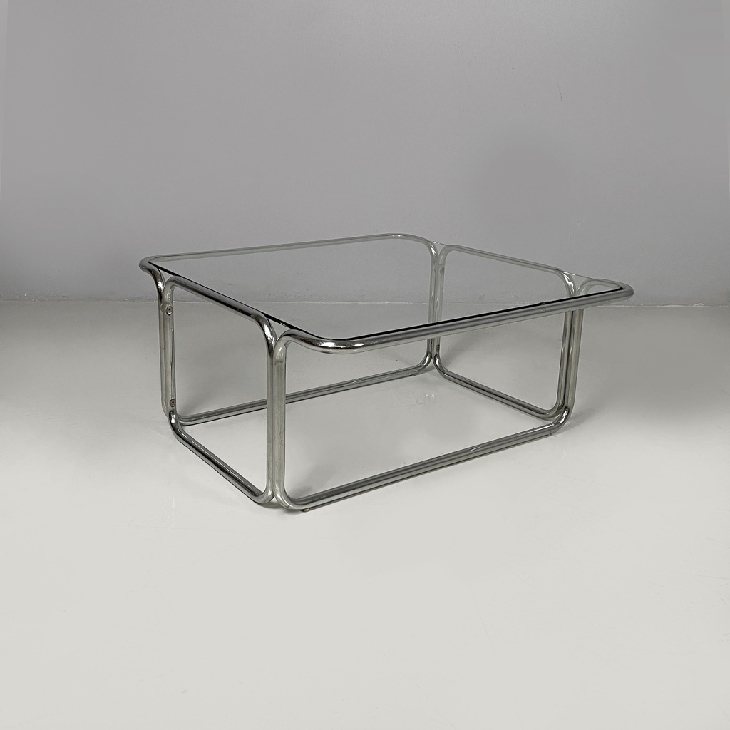 Tavolo da caffè in acciaio cromato e vetro, 1970 ca. 