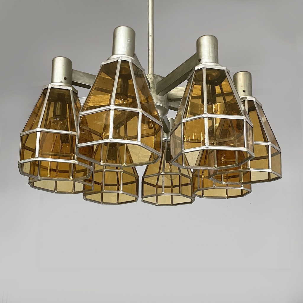 Lampadario in vetro giallo e metallo, 1930 ca.