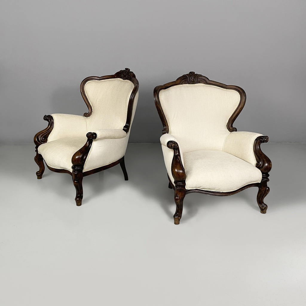 Poltrone in legno e tessuto bianco, 1930 ca.