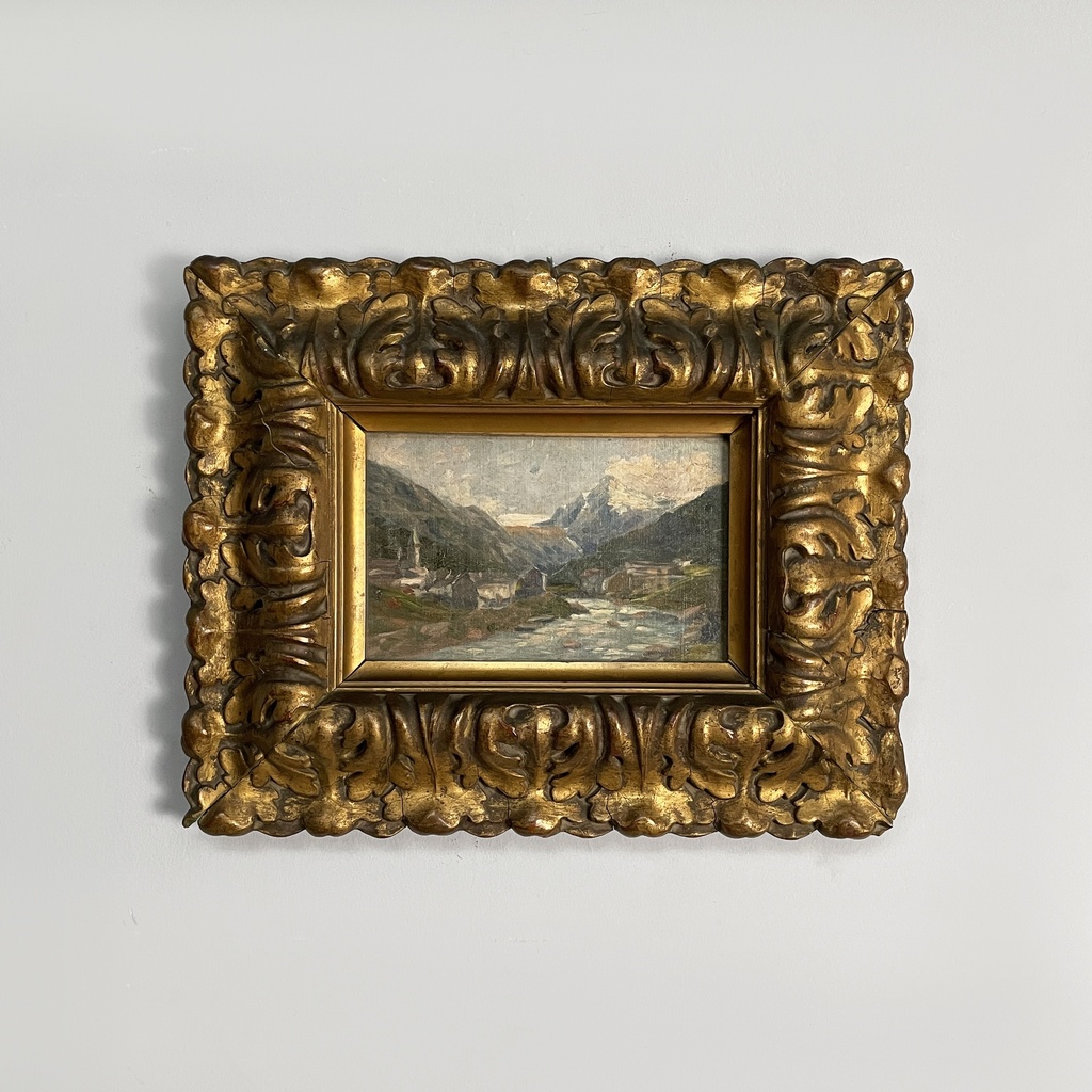 Quadro ad olio con cornice in pastiglia dorata, 1950 ca.