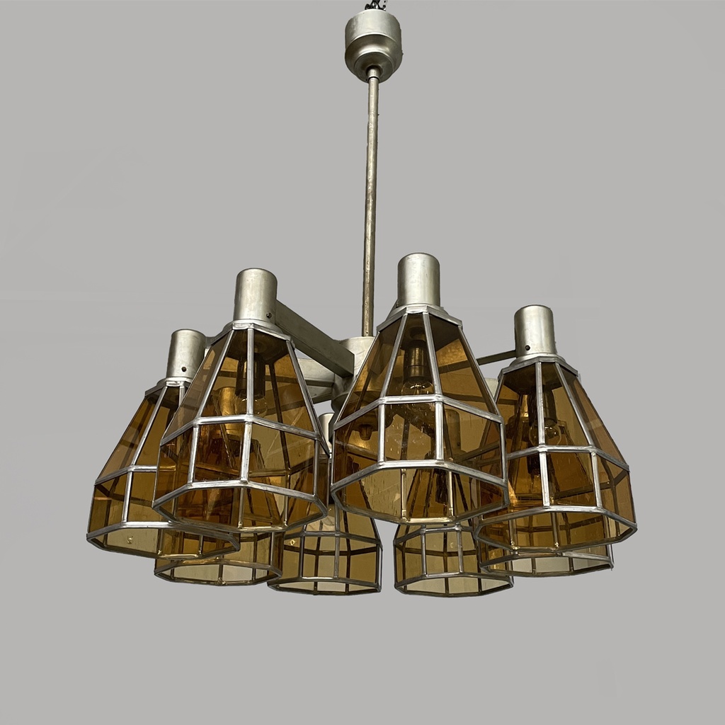 Lampadario in vetro giallo e metallo, 1930 ca.