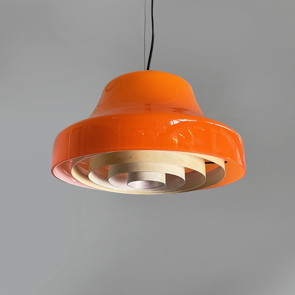 Lampadario in vetro arancione e metallo bianco, 1970 ca.