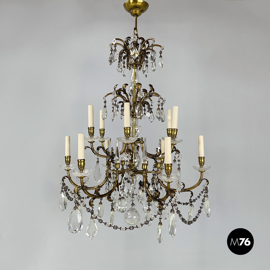 Lampadario a gocce in vetro e ottone, 1900-1950 ca.
