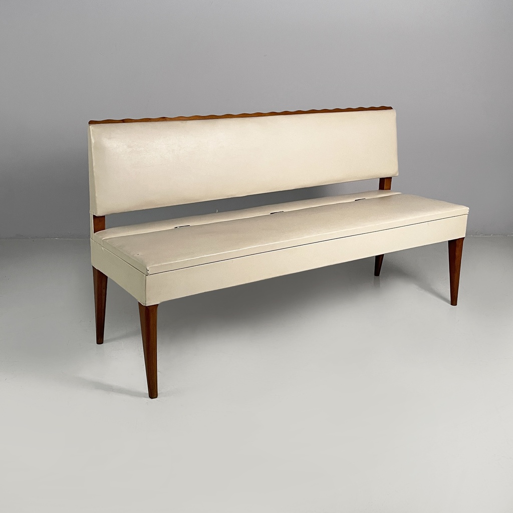 Panca in pelle bianca e legno, 1940 ca.