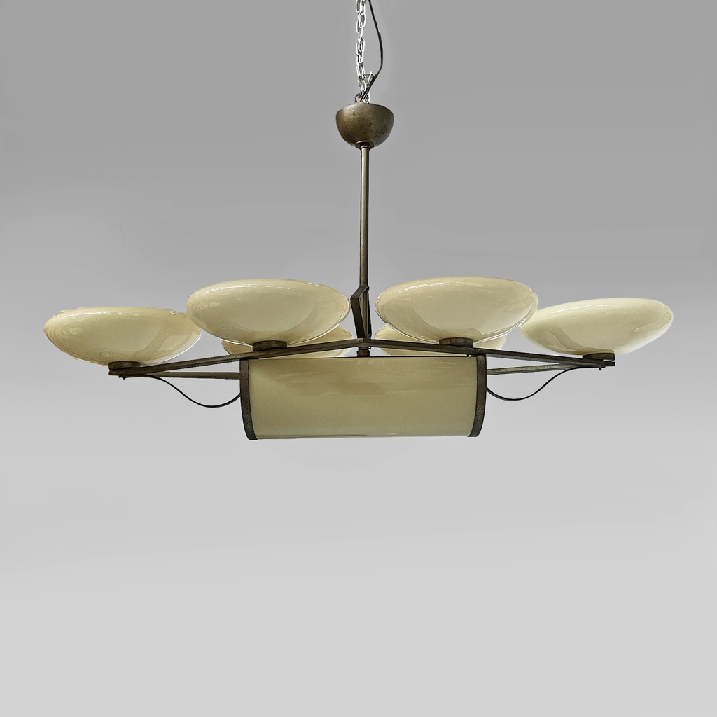 Lampadario in ottone e vetro, 1930 ca. 