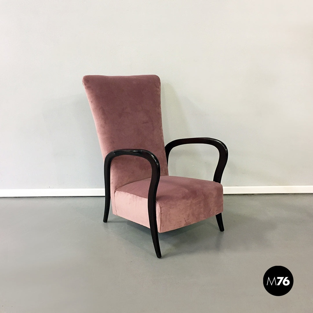 Poltrona in velluto rosa e legno, 1950 ca. 